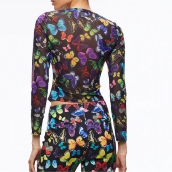 Alice + Olivia Delaina Butterfly Mesh Crop Top Butterfly High Black - Picture 3 of 12